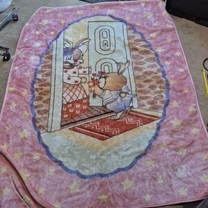 VINTAGE Novatex plush blanket Bunny at door 5'x7'